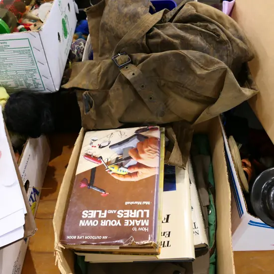 BOX LOT 5 BOOKS ON TROUT FISHING AND 4 BAGS; ONE OILSKIN