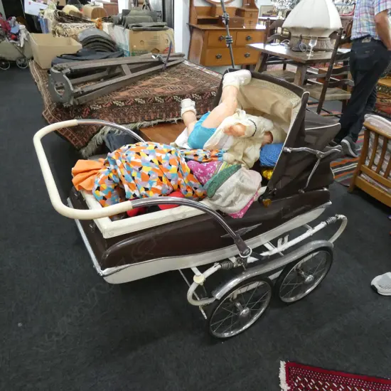 VINTAGE PRAM, DOLLS AND SMALL ROCKING HORSE