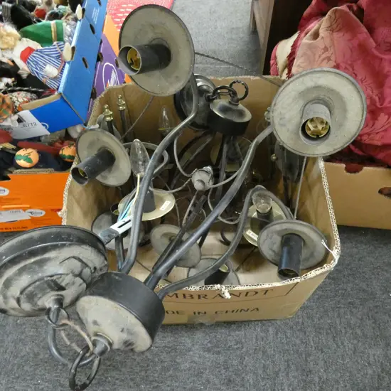 BOX LOT PR RUSTIC METAL CHANDELIER AND 3 SCONCES