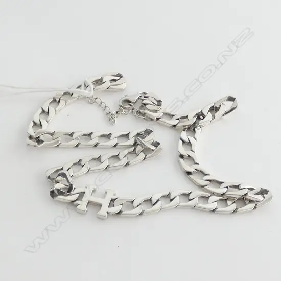 STERLING SILVER NECKLACE  CURB LINK WITH LETTER H 450MM 30GM