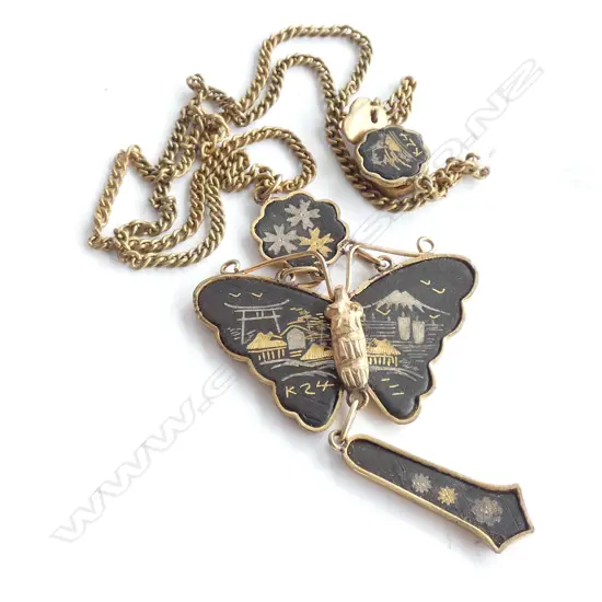 (19659) VINTAGE JAPANESE DAMASCENE BUTTERFLY NECKLACE