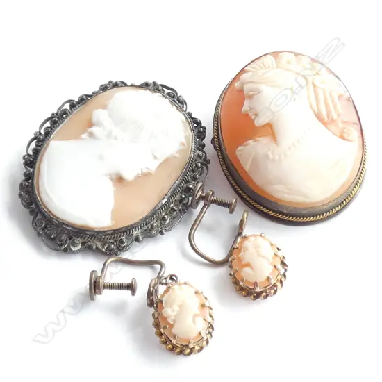 2 CAMEOS; ROLLED GOLD & SILVER + PR CAMEO EARRINGS