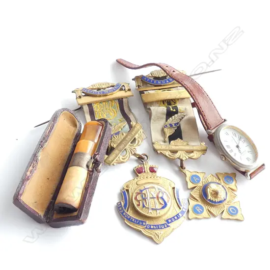 2 ENAMELLED MEDALS, CHEROOT PIPE, FAUX CARTIER QUARTZ WATCH