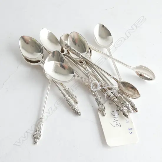 12 SILVER APOSTLE FINIAL COFFEE SPOONS & SUGAR TONGS, by WALKER & HALL, SHEFF 1920 & B'HAM 1902. 136gm