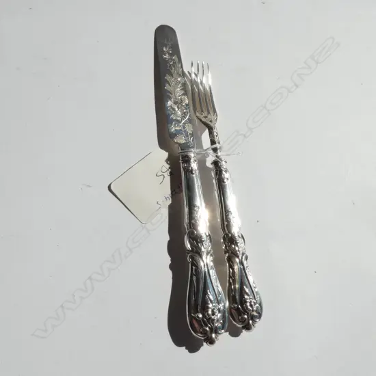 ORNATE VICT. SILVER FRUIT KNIFE & FORK, by HENRY ATKIN, SHEFF. 1850. TOTAL 82gm