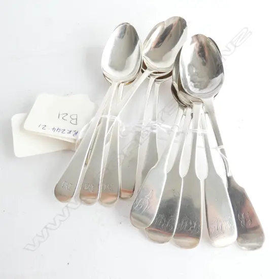 11 SILVER TEASPOONS, VARIOUS PATTERNS, DATES, MAKERS. SOME BENT BOWLS. 160gm