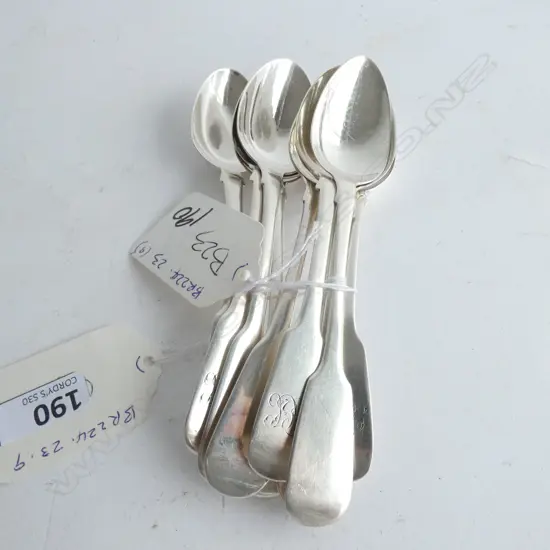 9 SILVER TEASPOONS.FIDDLE PATTERN, VARIOUS DATES & MAKERS. 1824, 33, 34. 171gm