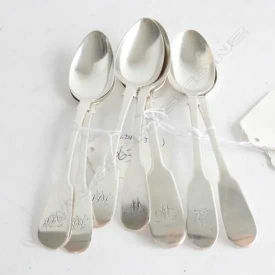 7 SILVER FIDDLE PATTERN TEASPOONS, VARIOUS 1786, 1823, 28, 36, 38. 154gm