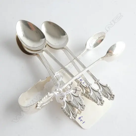 6 DELICATE SILVER COFFEE SPOONS & TONGS, by A J BAILEY B'HAM 1919. 45gm