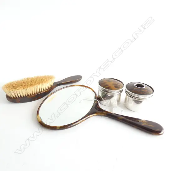 FAUX TORTOISESHELL BRUSH & MIRROR + 2 SILVER PLATE DRESSING TABLE POTS