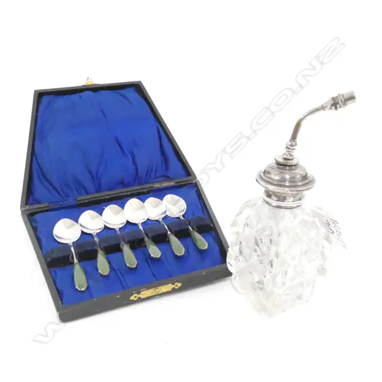 SET OF 6 STERLING & GREEN STONE TEASPOONS CASED + STG CRYSTAL PERFUME BOTTLE