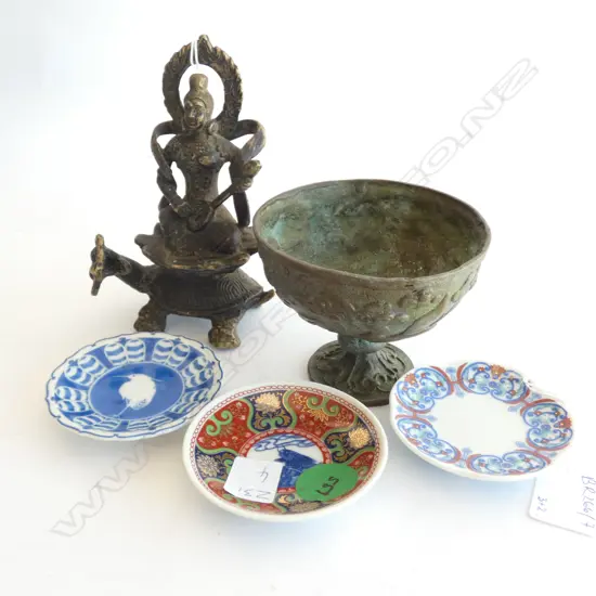 2 BRASS PCES; FIGURE ON TURTLE H.140mm & CUP + 3 PIN DISHES