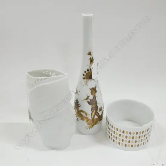 3 ROSENTHAL PORCELAIN; BJORN WIINBLAD BUD VASE (H 275MM) & SM DISH (DIA  110MM) + BISQUE LINIE VASE H. 180MM