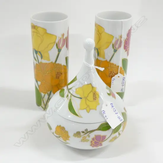 PR SM ROSENTHAL STUDIO ENAMEL FLORAL PATTERN VASES H. 160MM & LIDDED CONTAINER DIA 125MM