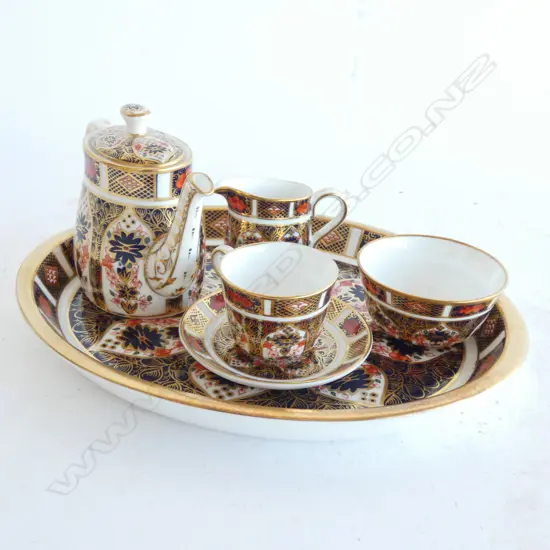 ROYAL CROWN DERBY MINIATURE TEA SET; TRAY / TEAPOT / JUG / BOWL / C&S