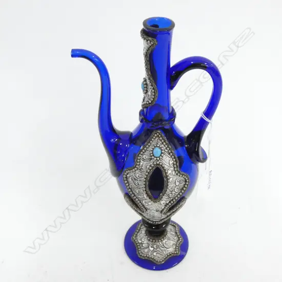TURKISH BLUE GLASS & SILVER JUG H.270mm