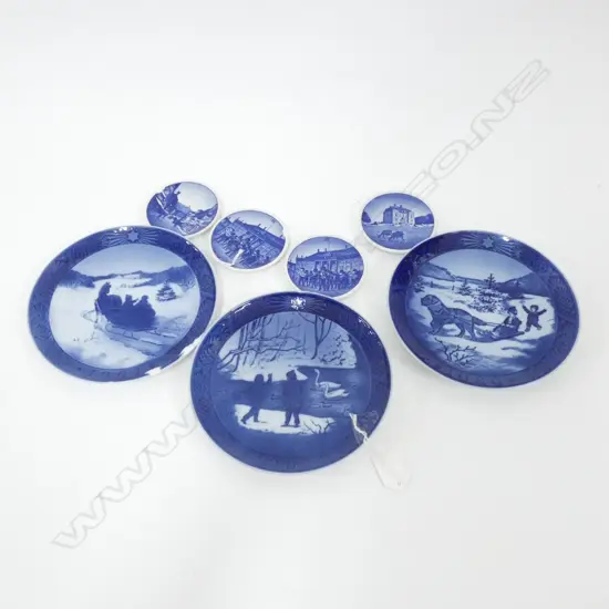 3 ROYAL COPENHAGEN BLUE & WHITE WINTER PLATES (1 has chip) (DIA 180MM) + 4 MINIATURE PLATES DIA 80MM(1 has a chip)