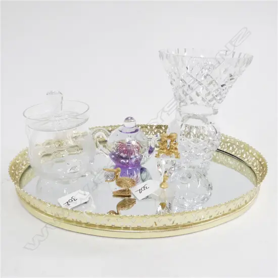 MIRRORED TRAY (340 X 230MM) CRYSTAL VASE (H 160MM) GLASS LIDDED POT/ PURPLE TEAPOT PAPERWEIGHT  & 2 OTHER