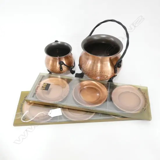 2 SKS COPPER POTS WITH SWING HANDLES; H. 215 & 160MM + 6 COASTERS - ALL BOXED
