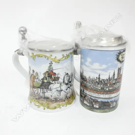 TWO KAISER PORCELAIN & PEWTER LIDDED TANKARDS H. 175MM - IN ORIGINAL BOXES....