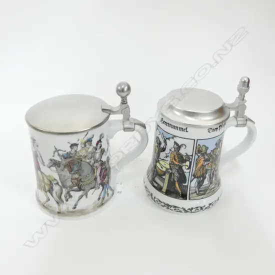 TWO KAISER PORCELAIN & PEWTER LIDDED TANKARDS H. 165MM - IN ORIGINAL BOXES...