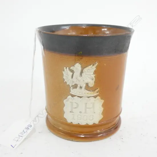 ENGLISH c.1906 STONEWARE COMMEMORATIVE MUG MONOGRAMED P.H. H.95mm