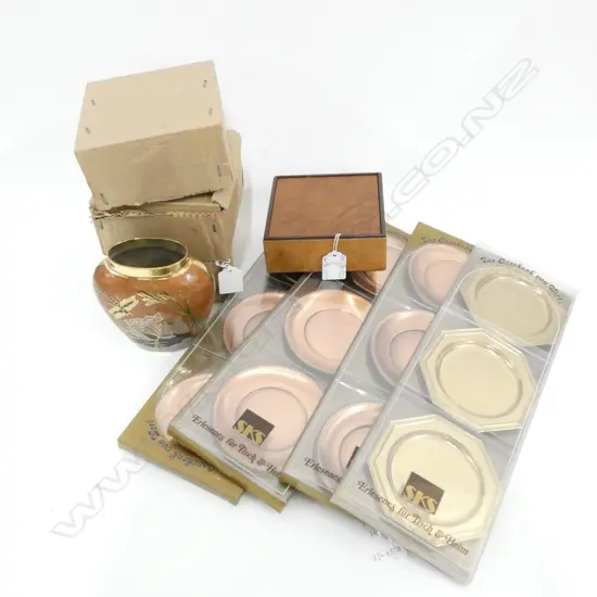 9 BOXED COPPER COASTERS & 3 BRASS / 3 ENAMEL & BRASS VASES & WOODEN TRINKET BOX