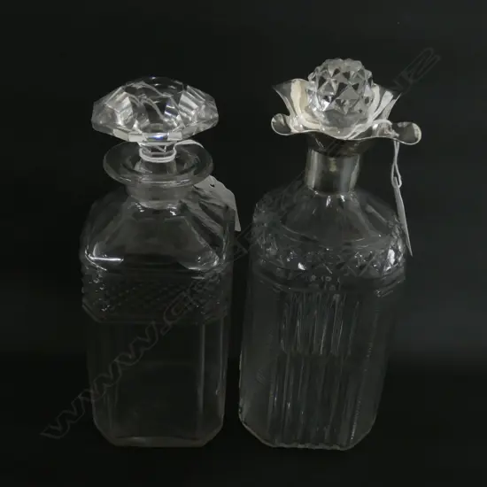 2 c1900 SQUARE BODIED DECANTERS 1 W SILVER MOUNT...