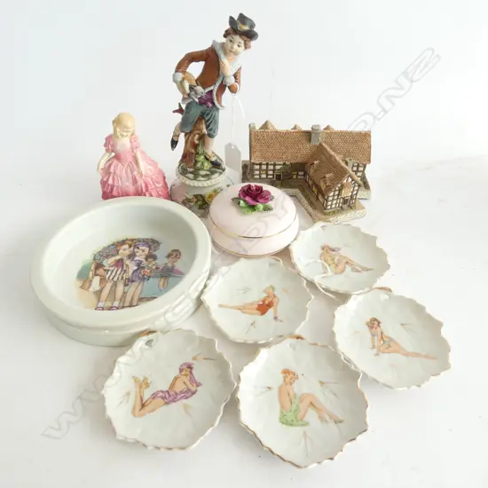 LOT OF COLLECTIBLE PORCELAIN; RD ROSE FIGURE/ CAPODIMONTE/ NURSERY BOWL/ 5 GLAMOUR GIRL PLATES & 2 MORE