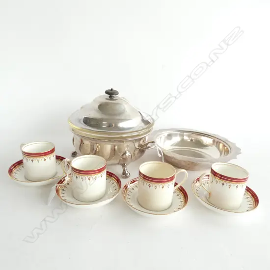 4 AYNSLEY DEMI TASSE COFFEE CUPS + 2 EP SERVING DISHES