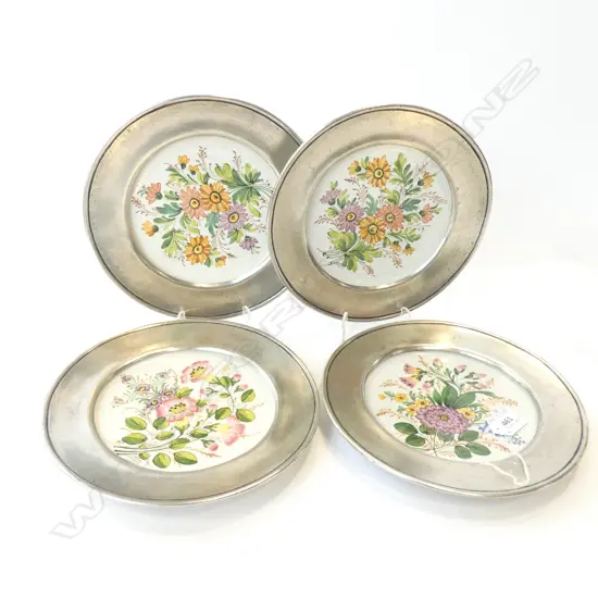 4 BASSANO HAND PAINTED WALL PLATES WITH PEWTER FRAMES DIA 230MM