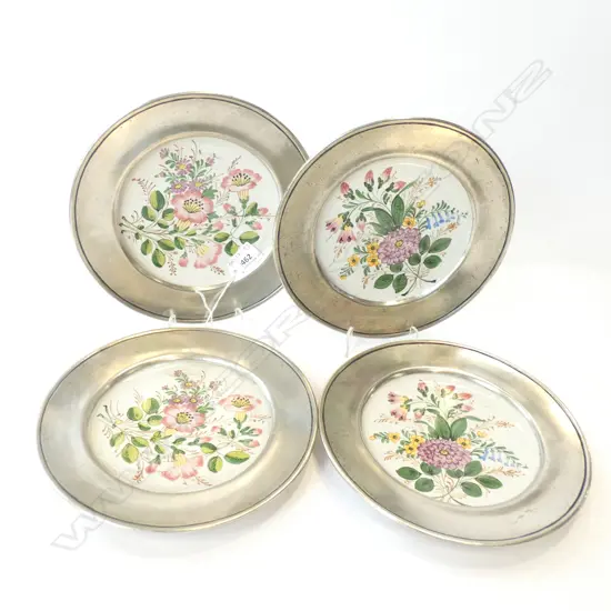 4 BASSANO HAND PAINTED WALL PLATES WITH PEWTER FRAMES DIA 220MM