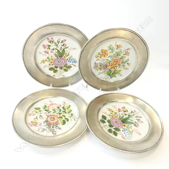 4 BASSANO HAND PAINTED WALL PLATES WITH PEWTER FRAMES DIA 230MM