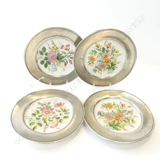 4 BASSANO HAND PAINTED WALL PLATES WITH PEWTER FRAMES DIA 220MM