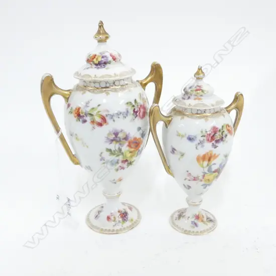 TWO DERBY STYLE LIDDED URN  VASES 1  H. 250MM & 1 200MM