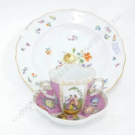 MEISSEN PLATE (DIA. 230MM) & 18TH C(?) MEISSEN-STYLE CUP & SAUCER A/F