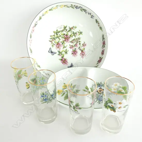 ROYAL WORCESTER HERBS LARGE BOWL/DISH + 4 GLASSES D 360 MM