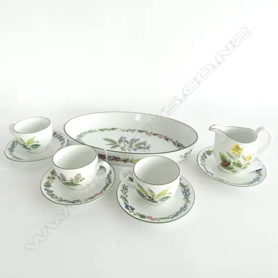 ROYAL WORCESTER HERBS DISH/JUG/3 CUPS + 4 SAUCERS L 320 MM