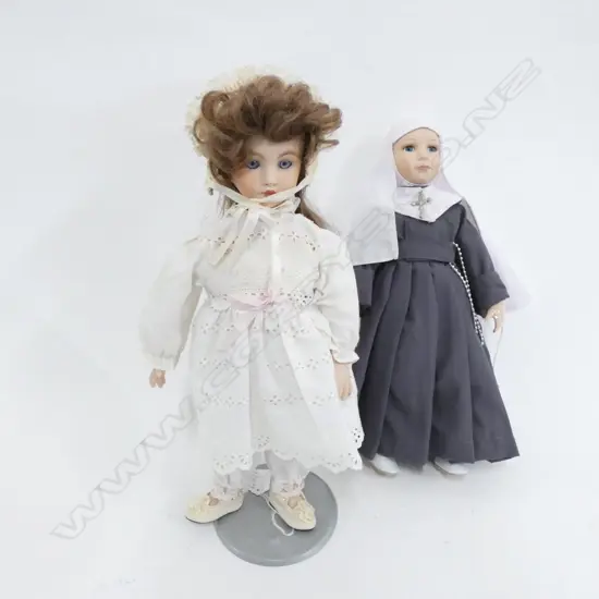 BISQUE PORCELAIN HEADED NUN DOLL + ONE OTHER H 410 MM