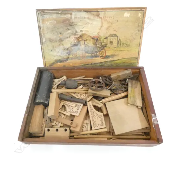 GERMAN TOY CARRIAGE BUILDING SET IN PICTORIAL DOVETAILED BOX L 410 MM