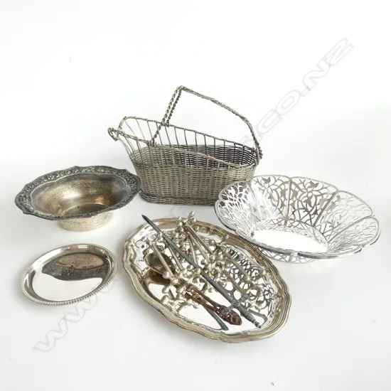 BOX SILVER PLATE; WINE BASKET/ WMF DISH & LETTER OPENER + KNIFE RESTS ETC.