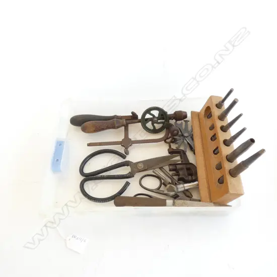 TRAY OF ASST. TOOLS; SCISSORS, DRILL BITS ETC