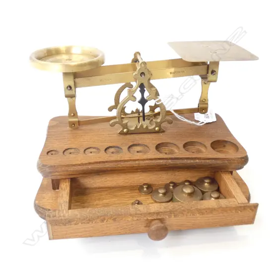 WEST GERMAN WESTA WOODEN & BRASS SCALES - FULL SET OF 8 WEIGHTS (TO 50G)