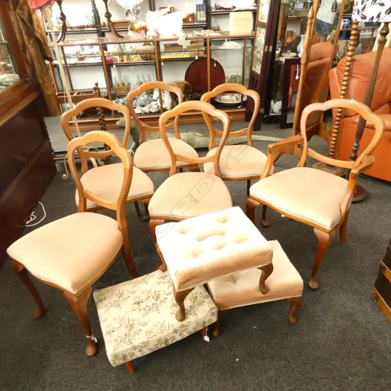 6 QUEEN ANNE STYLE BALLOON BACK CHAIRS + 3 VINTAGE STOOLS