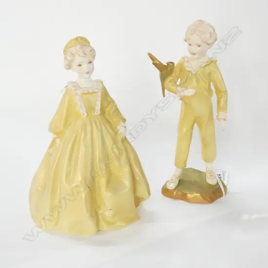 2 EARLY R/WORCESTER GOLD FIGURINES; 'GRANDMOTHERS DRESS' & 'THE PARAKEET' H.170mm