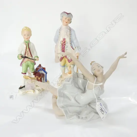 3 FIGURINES; GERMAN BALLERINA, 2 WEDGWOOD 'THE RAKE' & 'LITTLE LORD'