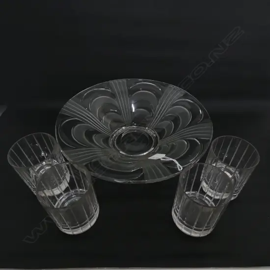 SET OF 4 R/DOULTON PARTY TUMBLERS, BOXED + PRESSED GLASS BOWL CHIPS 325mm dia