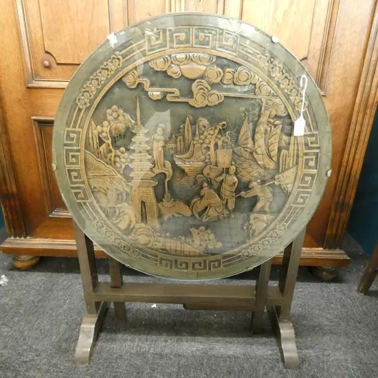 CARVED WOODEN CHINESE CIRCULAR TABLE 620mm dia