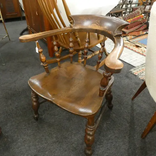 ANTIQUE BEECH & ELM SMOKERS BOW ARMCHAIR...