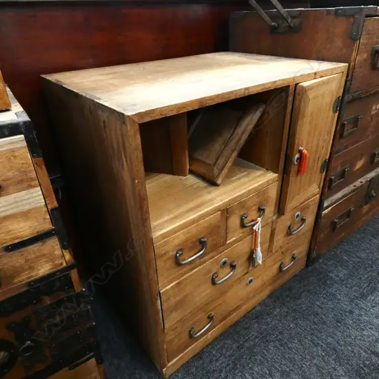 SMALL OLD JAPANESE TANSU CABINET / CHEST 3 CUPBOARD / 5-DRAWER INC. KEY  515 X 370 X 580MM
